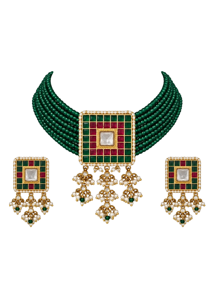Emerald Green Beaded Square Choker Necklace Set
