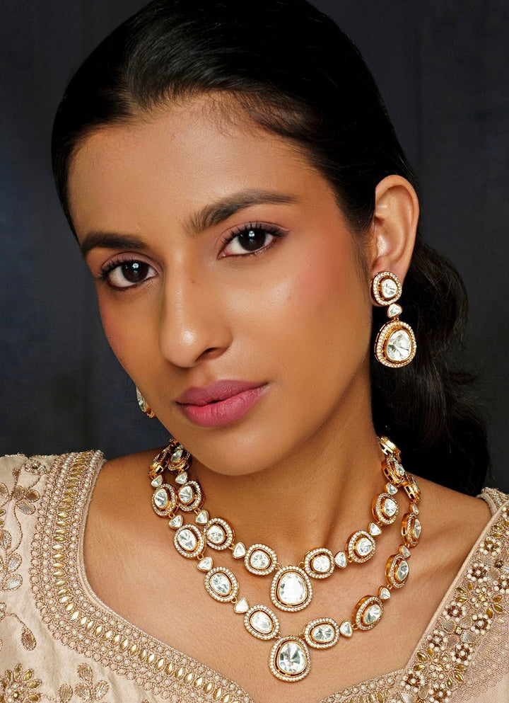 2 Layers Moissanite Long Necklace Set Zevar By Geeta - Fabilicious Fashion