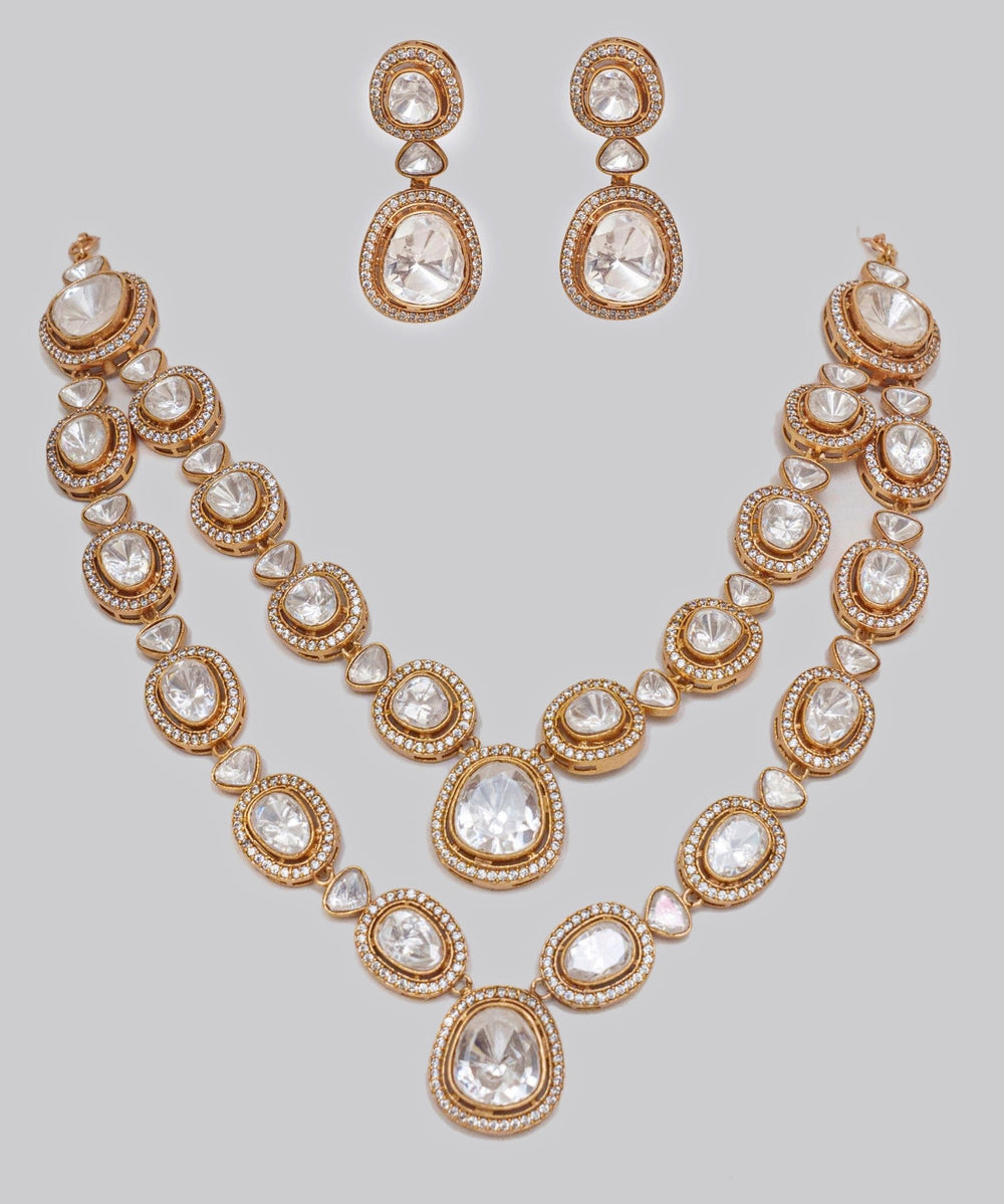 2 Layers Moissanite Long Necklace Set Zevar By Geeta - Fabilicious Fashion