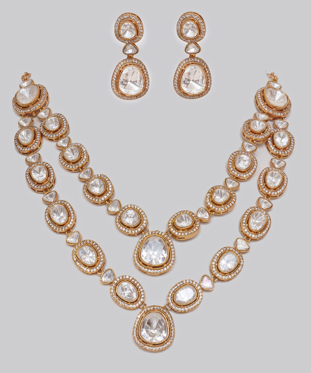 2 Layers Moissanite Long Necklace Set Zevar By Geeta - Fabilicious Fashion