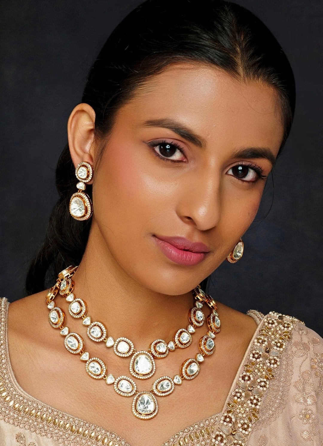 2 Layers Moissanite Long Necklace Set Zevar By Geeta - Fabilicious Fashion