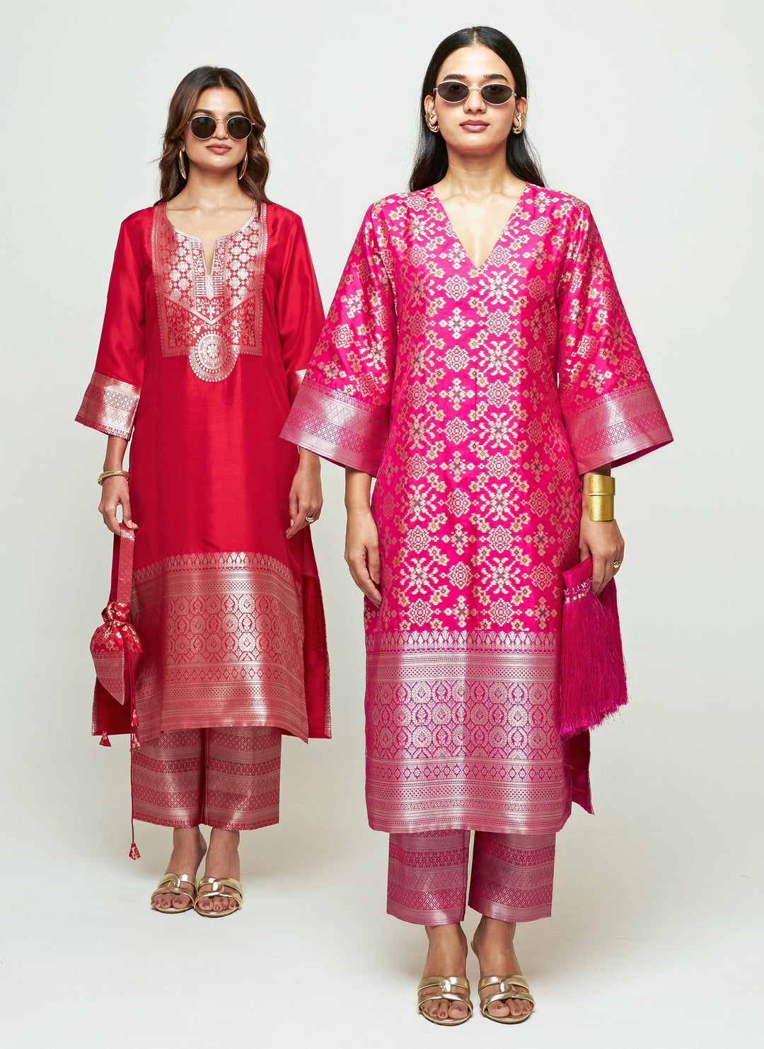 Pink Brocade Silk Long Kurta Pants Set