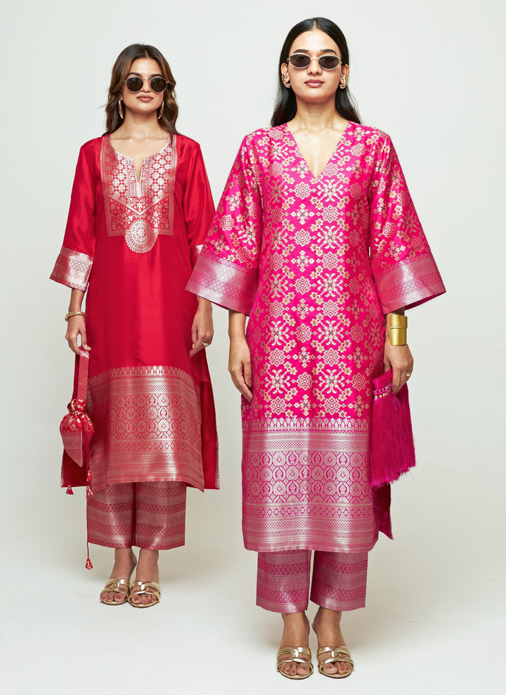Pink Brocade Silk Long Kurta Pants Set