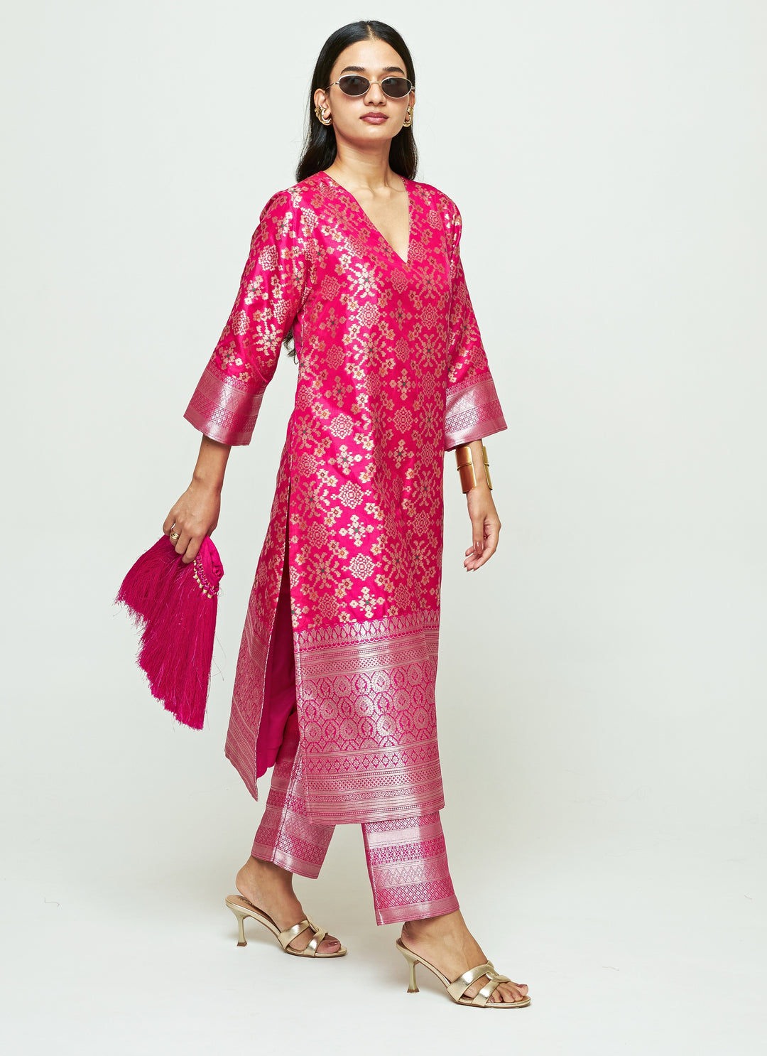 Pink Brocade Silk Long Kurta Pants Set