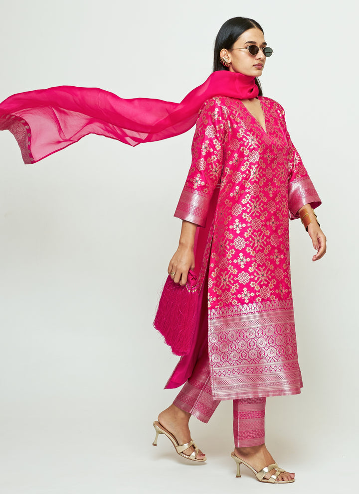 Pink Brocade Silk Long Kurta Pants Set