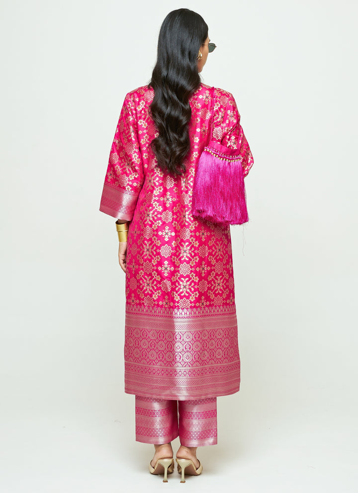 Pink Brocade Silk Long Kurta Pants Set