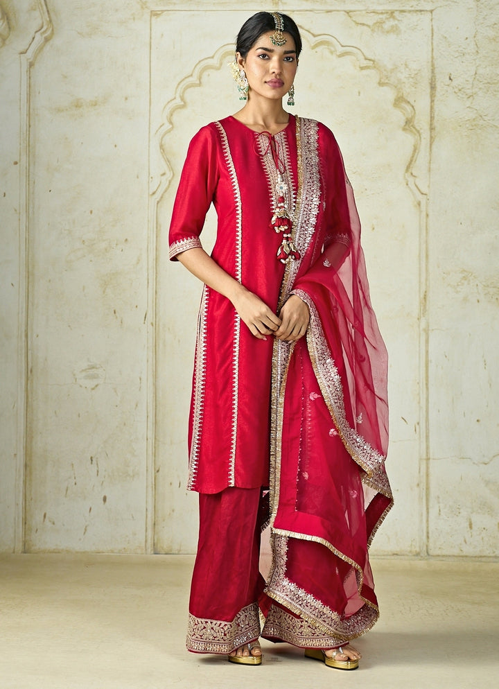 Red Tussar Embroidered Kurta Palazzo Set