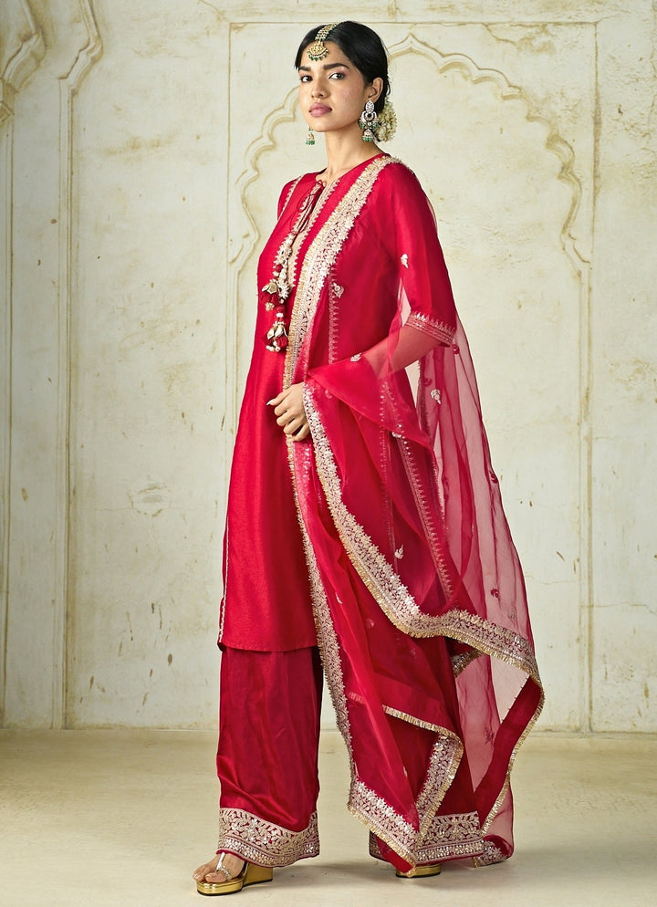 Red Tussar Embroidered Kurta Palazzo Set