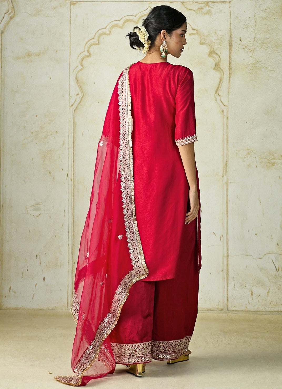 Red Tussar Embroidered Kurta Palazzo Set