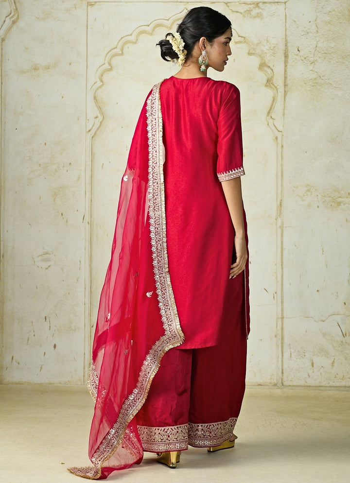 Red Tussar Embroidered Kurta Palazzo Set
