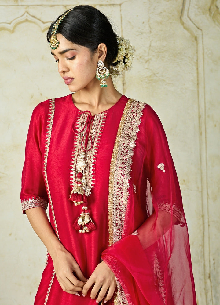 Red Tussar Embroidered Kurta Palazzo Set