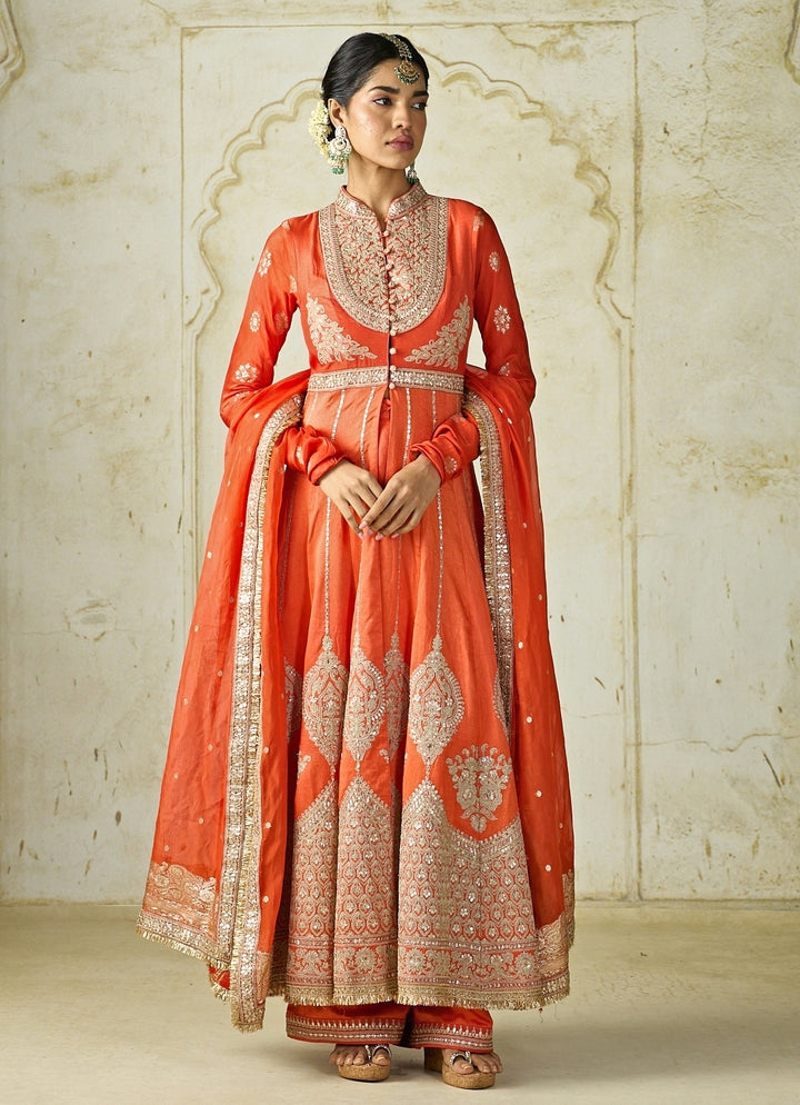 Orange Tussar Anarkali Jacket Palazzo Set