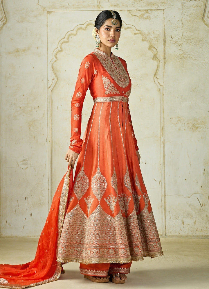 Orange Tussar Anarkali Jacket Palazzo Set
