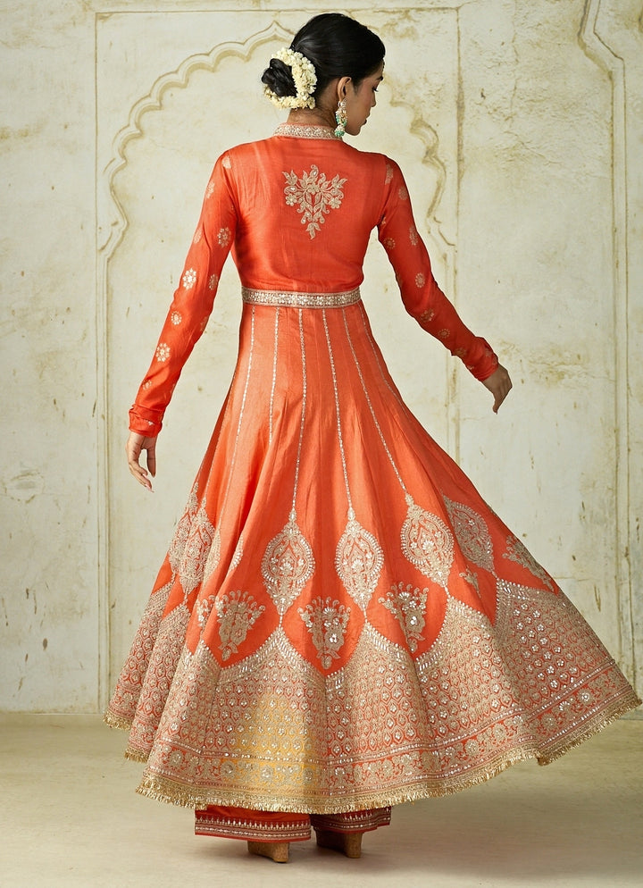 Orange Tussar Anarkali Jacket Palazzo Set