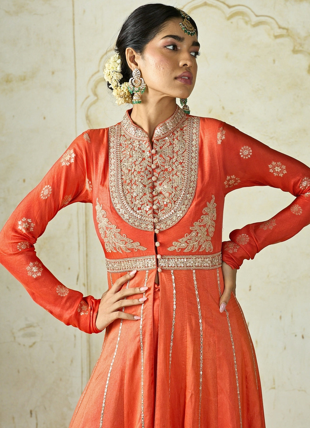 Orange Tussar Anarkali Jacket Palazzo Set