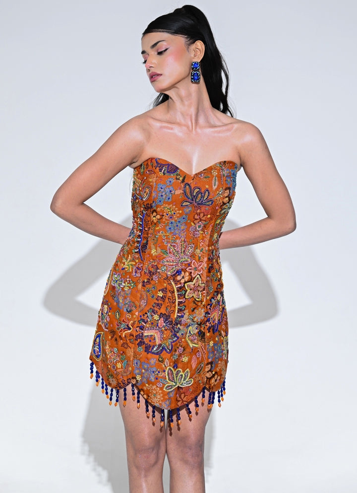 Orange Embroidered Organza Corset Dress