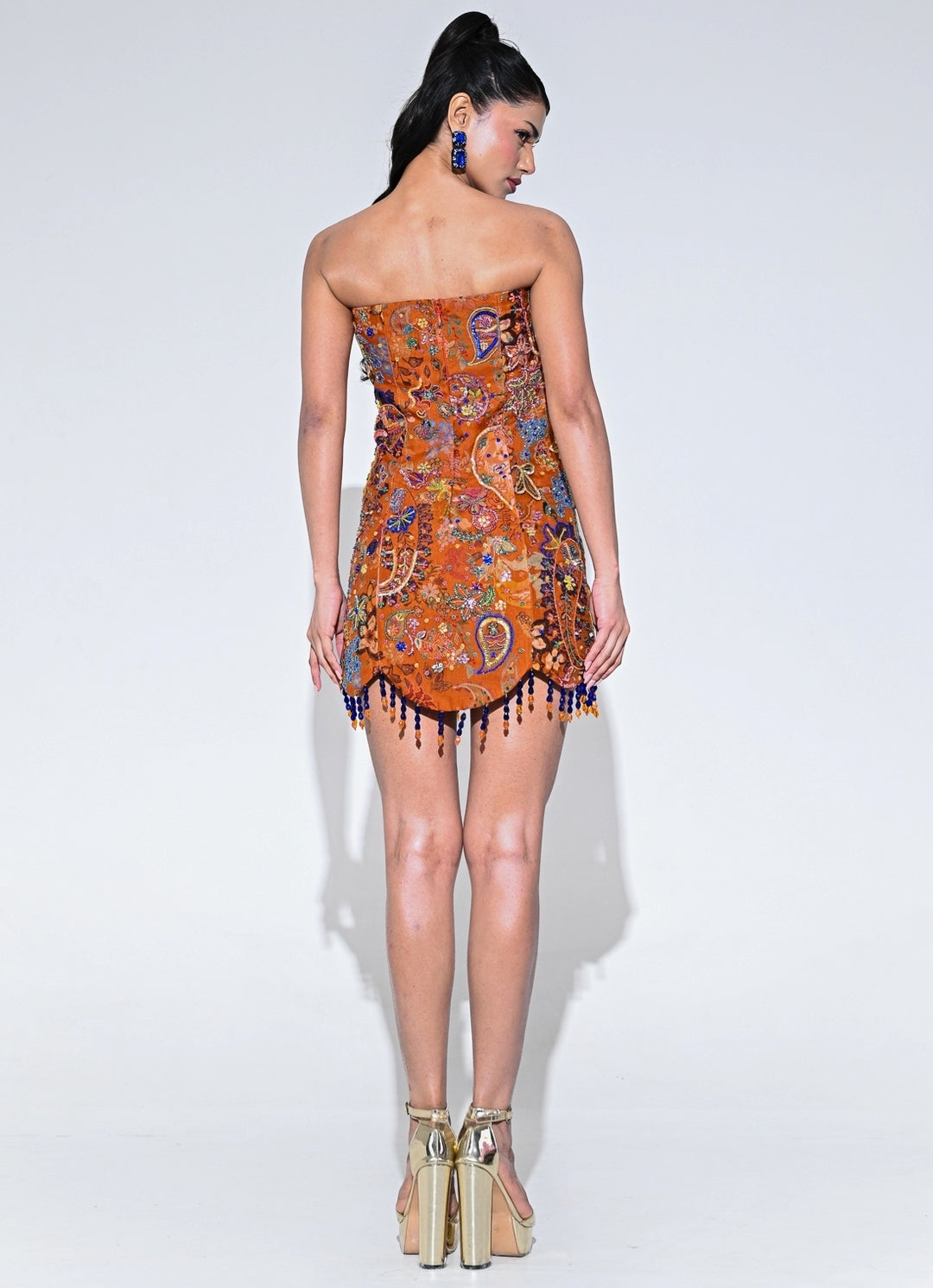 Orange Embroidered Organza Corset Dress