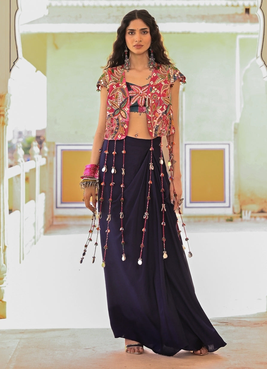 Midnight Blue Satin Cowl Skirt Set With Jacket
