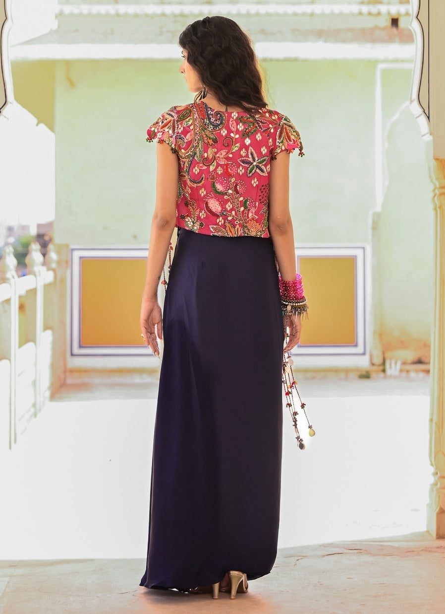 Midnight Blue Satin Cowl Skirt Set With Jacket