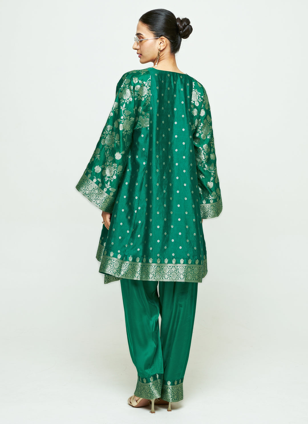 Green Brocade Silk Kurta With Farshi Salwar Set