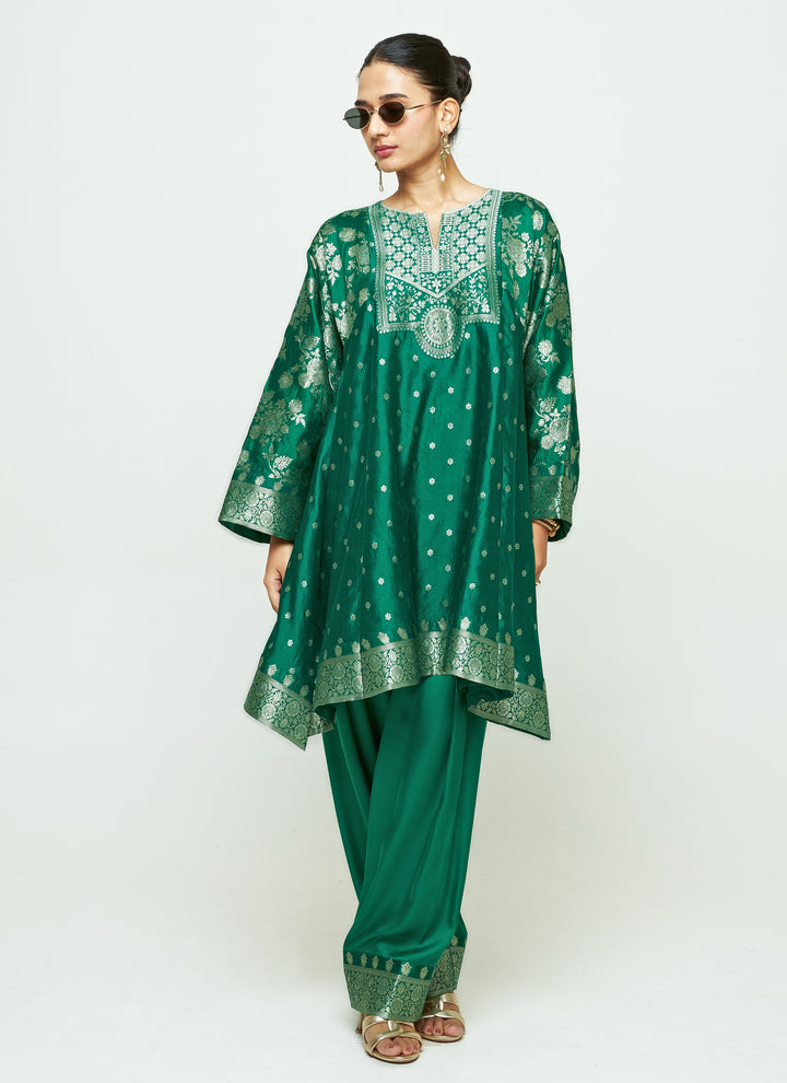 Green Brocade Silk Kurta With Farshi Salwar Set
