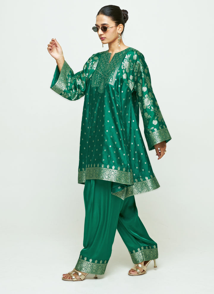 Green Brocade Silk Kurta With Farshi Salwar Set