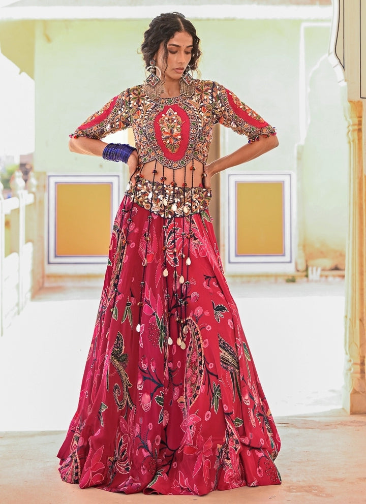 Hot Pink Printed Crepe Lehenga Set