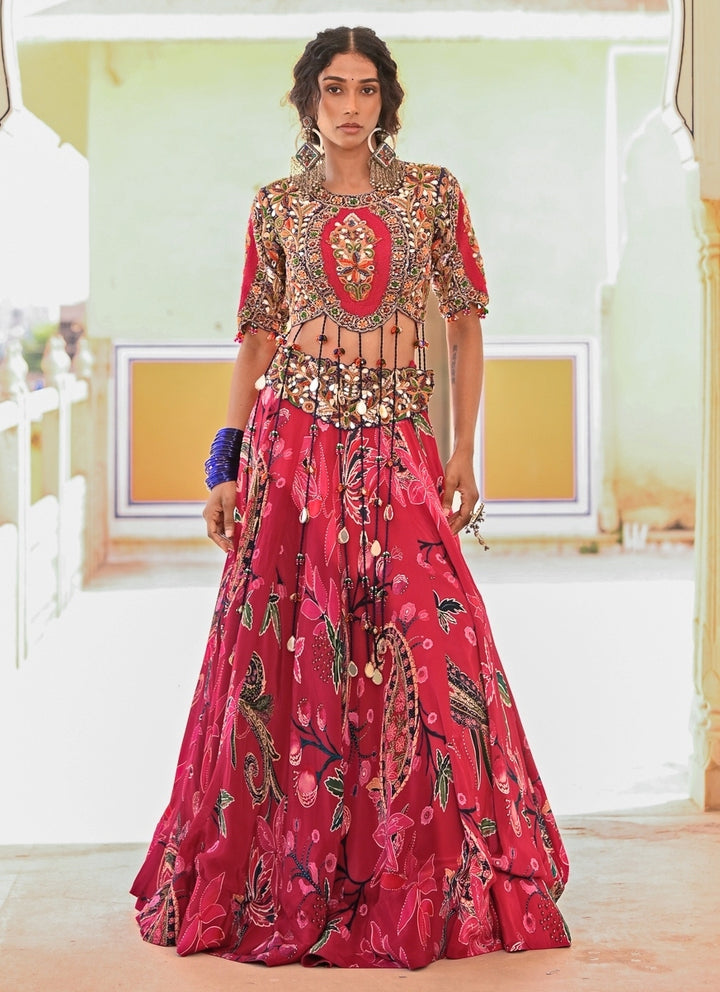 Hot Pink Printed Crepe Lehenga Set