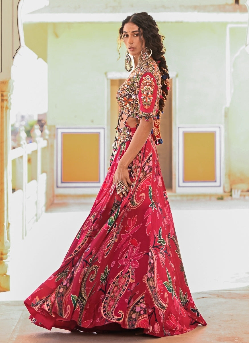 Hot Pink Printed Crepe Lehenga Set