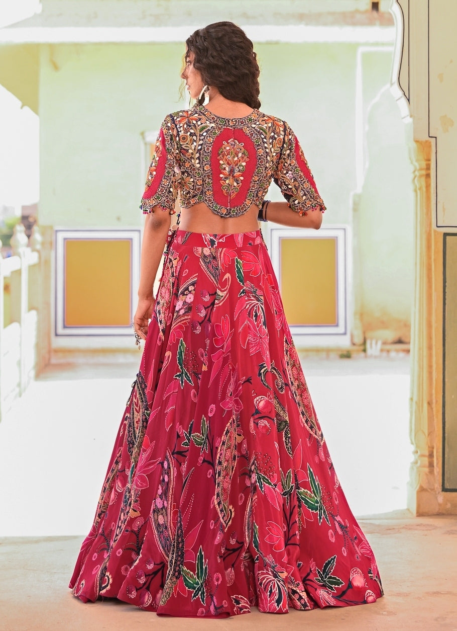 Hot Pink Printed Crepe Lehenga Set