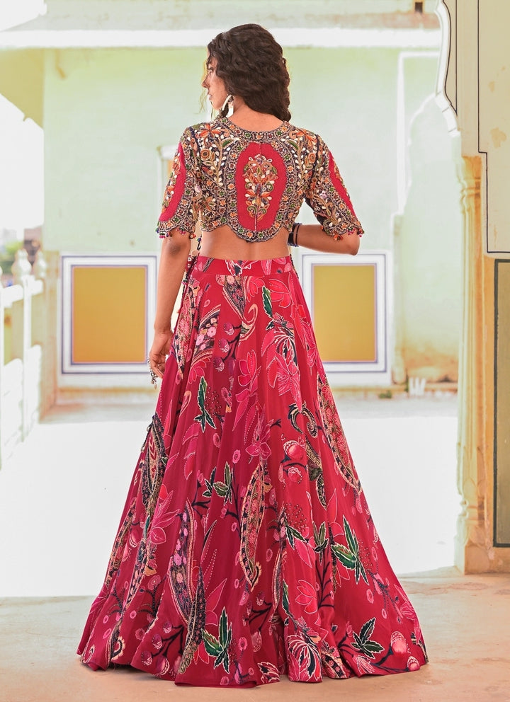 Hot Pink Printed Crepe Lehenga Set