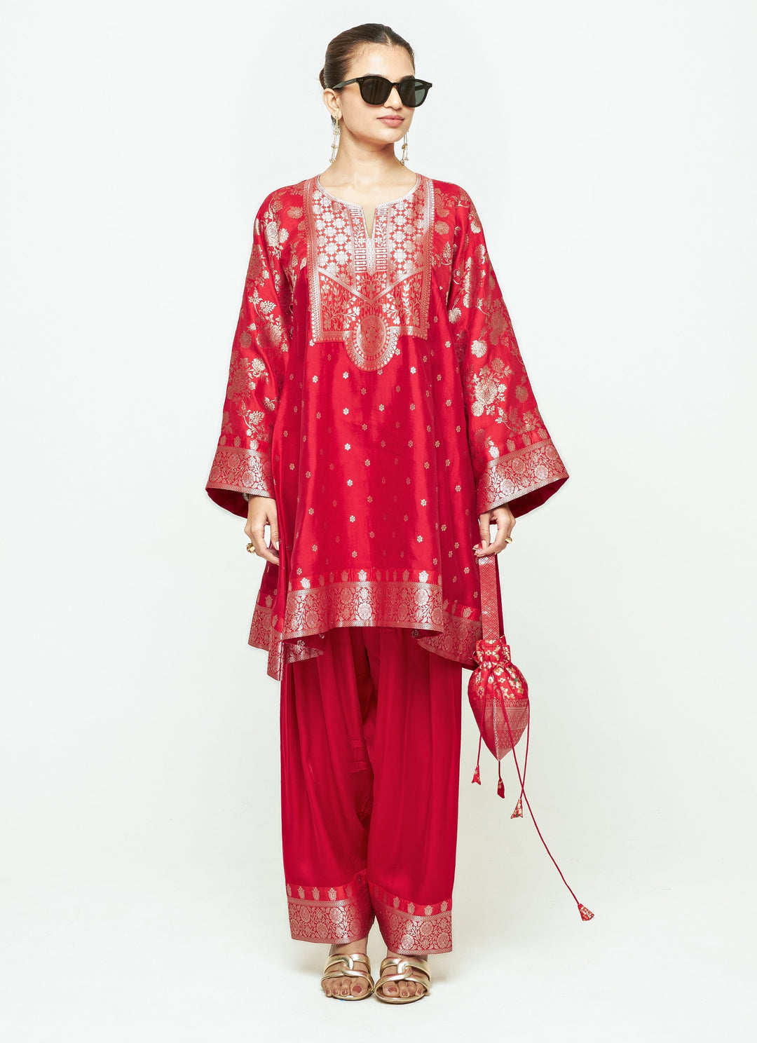 Red Brocade Silk Kurta With Farshi Salwar Set