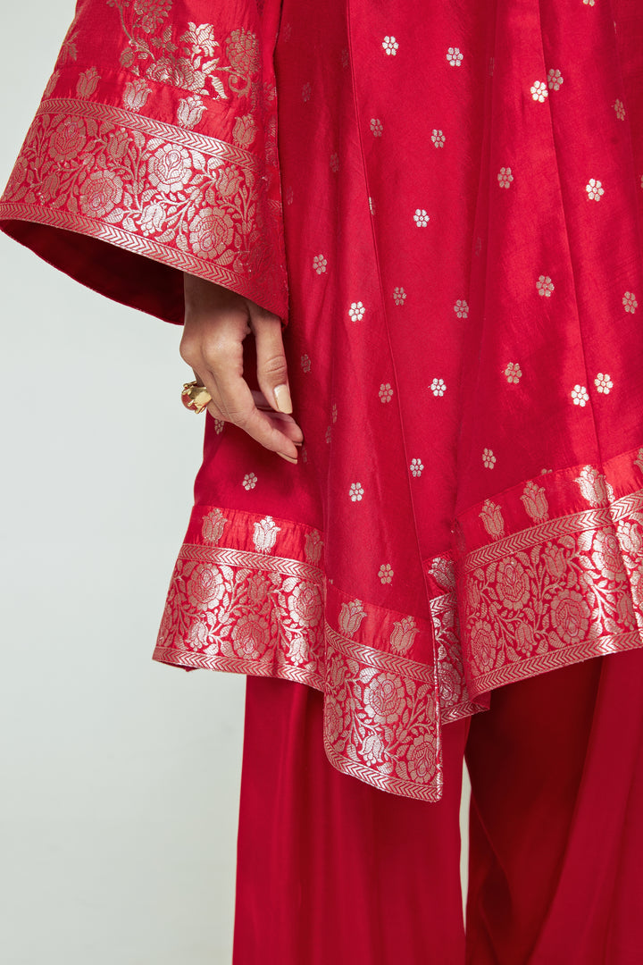 Red Brocade Silk Kurta With Farshi Salwar Set