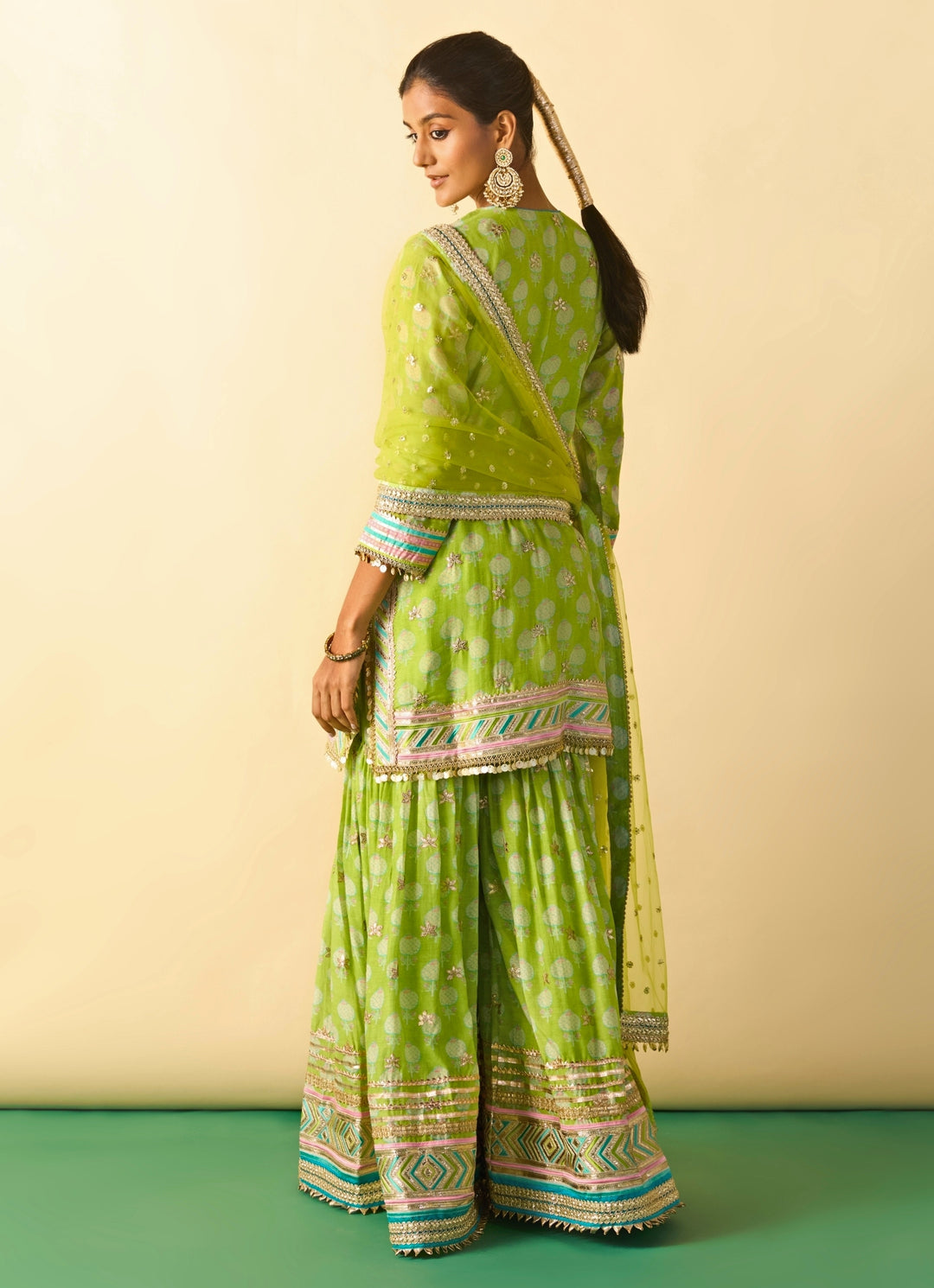 Lime Green Printed Cotton Silk Kurta Sharara Set