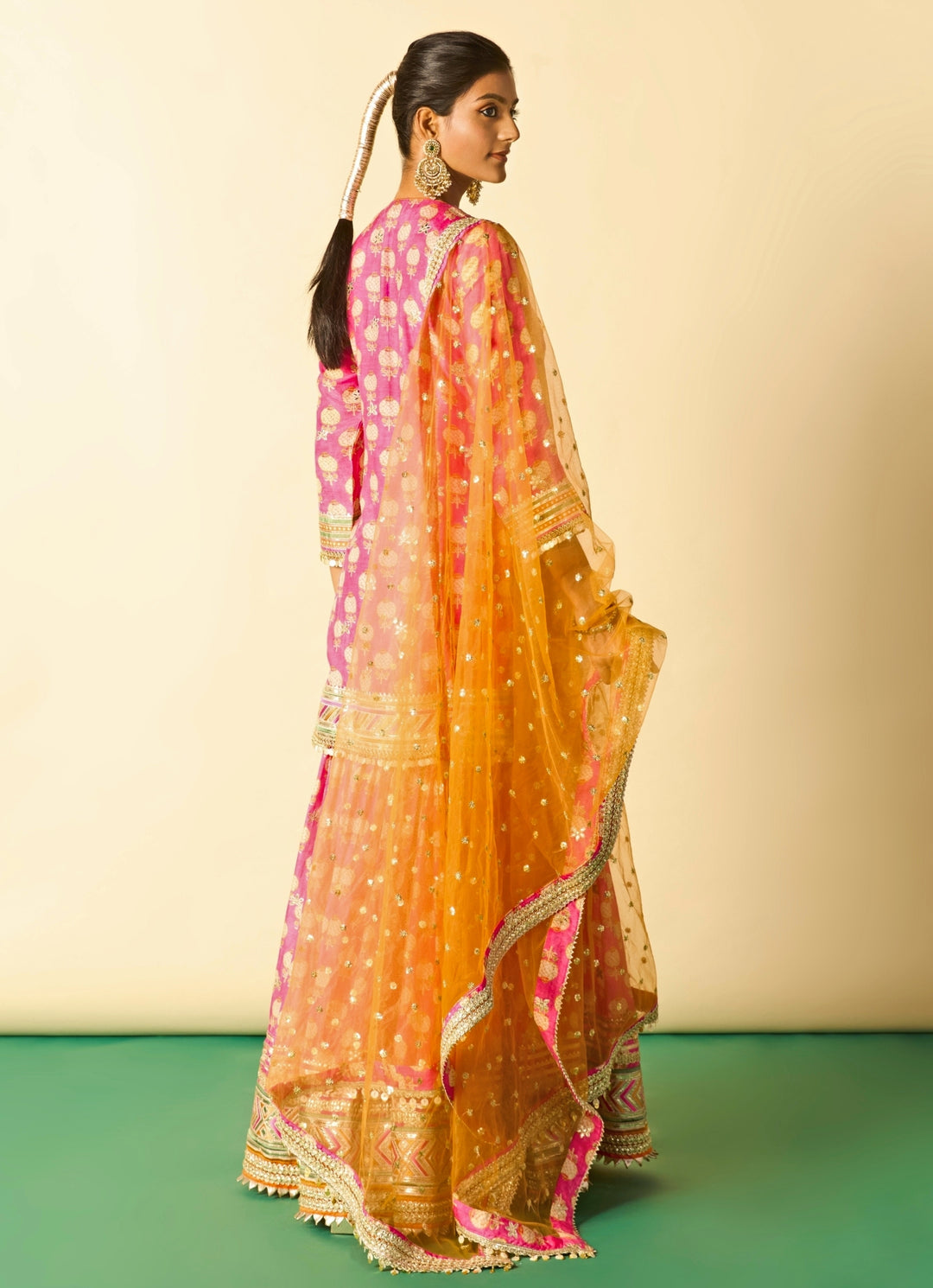 Pink Printed Cotton Silk Kurta Sharara Set With Orange Dupatta