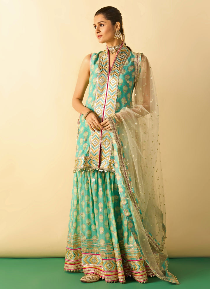 Aqua Blue Cotton Silk Kurta Sharara Set With Ivory Dupatta