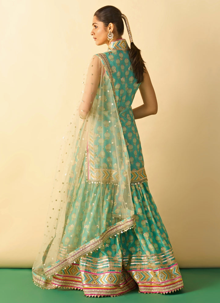 Aqua Blue Cotton Silk Kurta Sharara Set With Ivory Dupatta