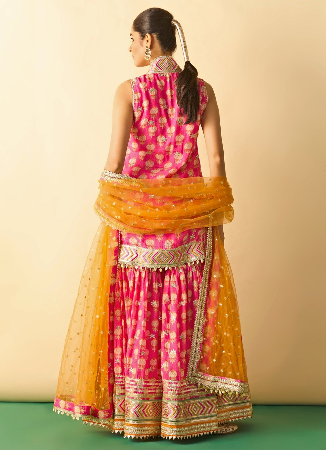 Pink Cotton Silk Kurta Sharara Set With Orange Dupatta