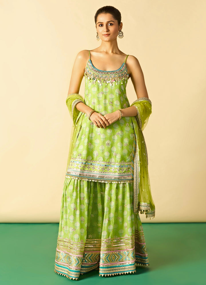 Lime Green Printed Cotton Silk Strappy Kurta Sharara Set