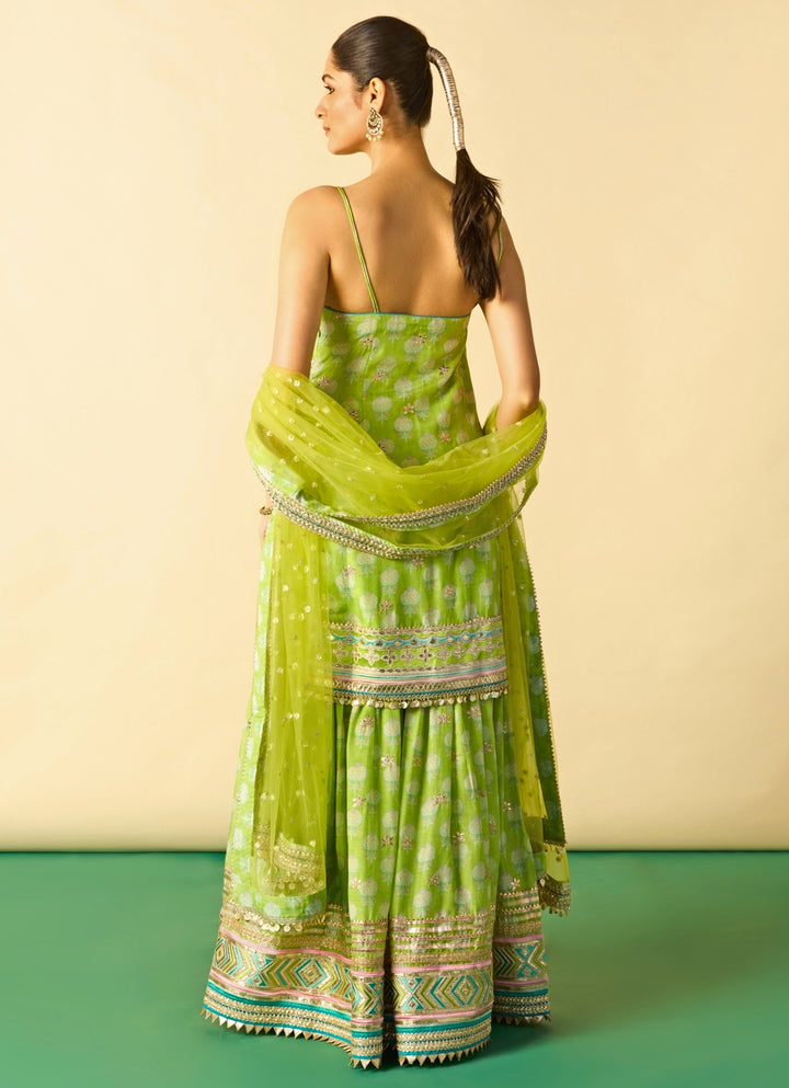 Lime Green Printed Cotton Silk Strappy Kurta Sharara Set