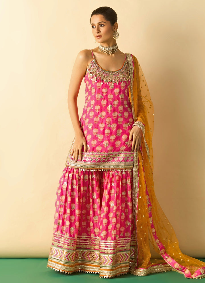 Pink Printed Cotton Silk Strappy Kurta Sharara Set With Orange Dupatta