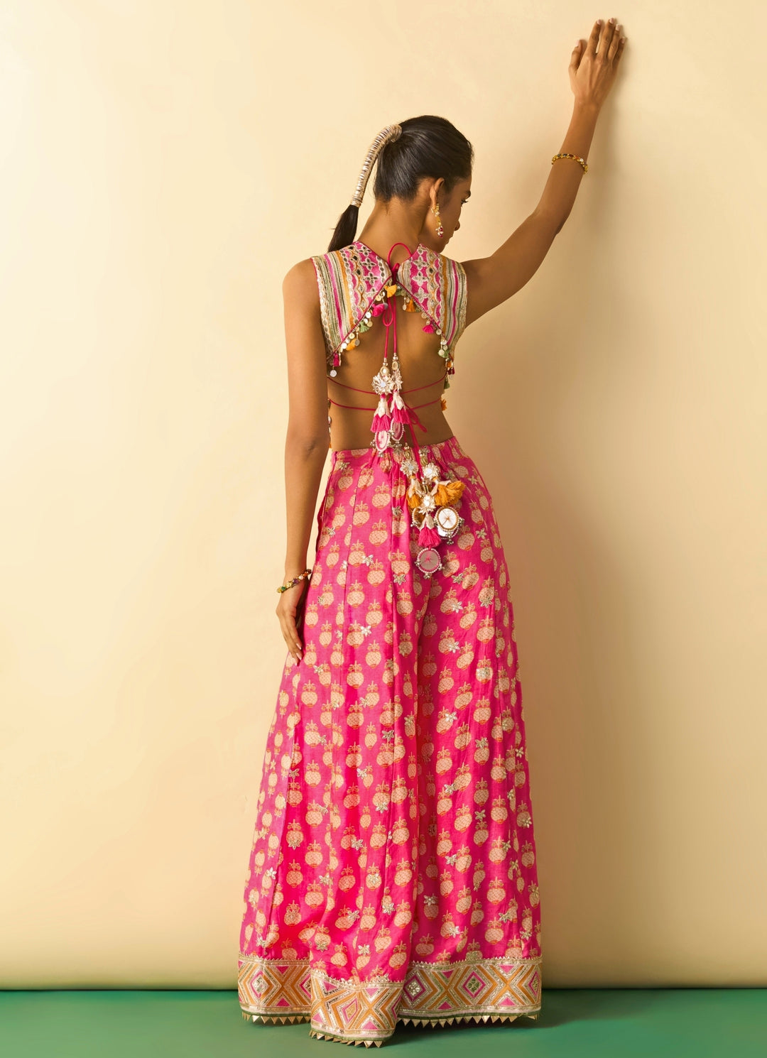 Pink Printed Cotton Silk Corset Pants Set
