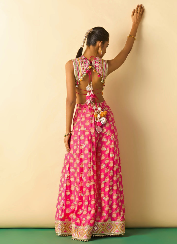 Pink Printed Cotton Silk Corset Pants Set