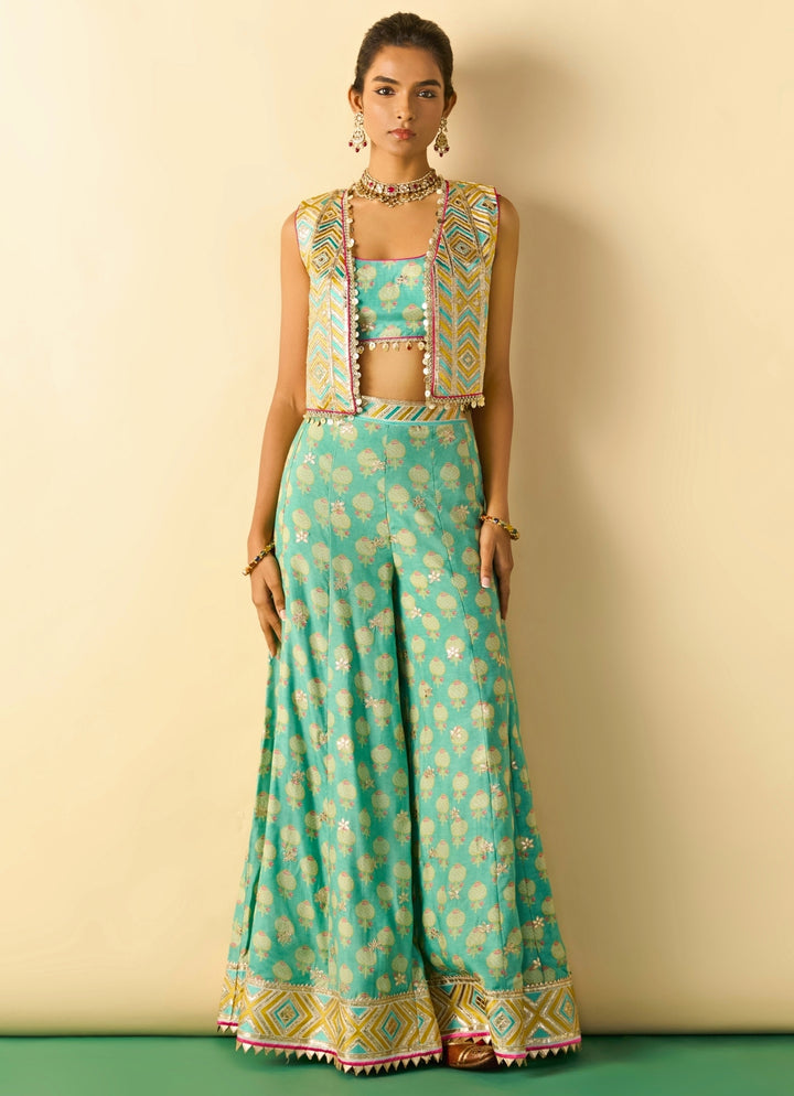 Aqua Blue Printed Cotton Silk Blouse Sharara Set With Jacket