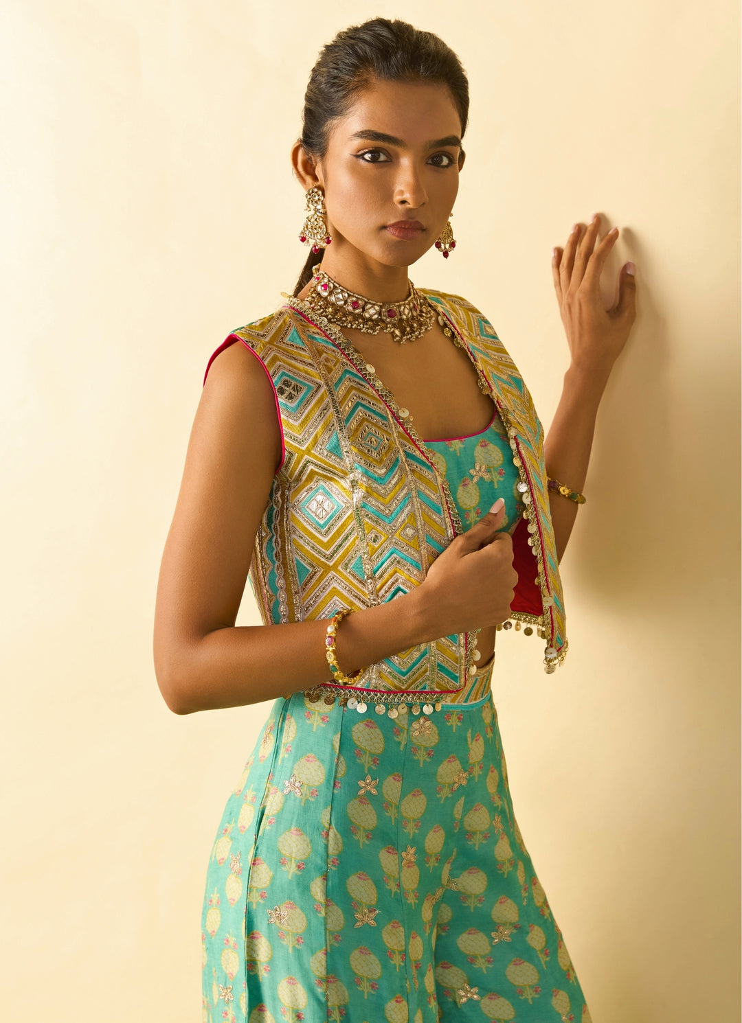 Aqua Blue Printed Cotton Silk Blouse Sharara Set With Jacket