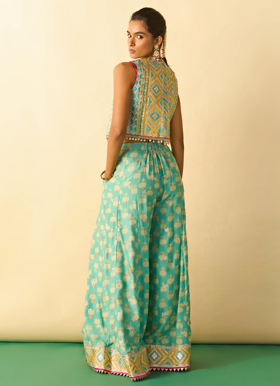 Aqua Blue Printed Cotton Silk Blouse Sharara Set With Jacket