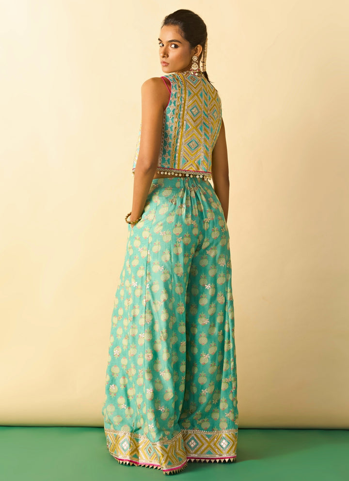 Aqua Blue Printed Cotton Silk Blouse Sharara Set With Jacket