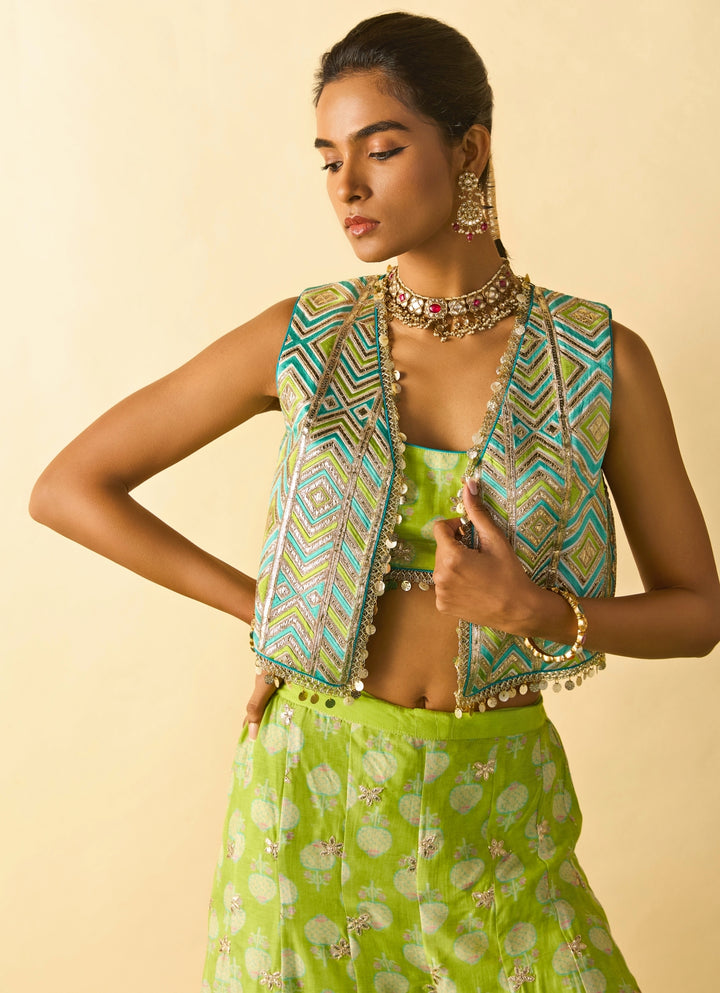 Lime Green Printed Cotton Silk Blouse Sharara Set With Jacket