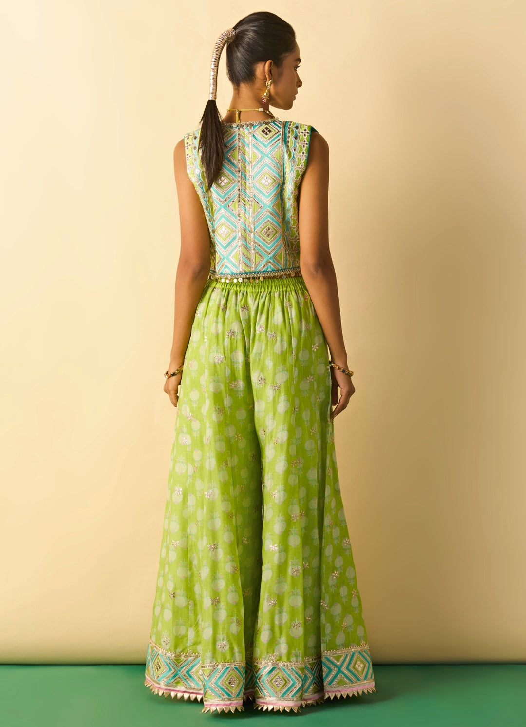 Lime Green Printed Cotton Silk Blouse Sharara Set With Jacket