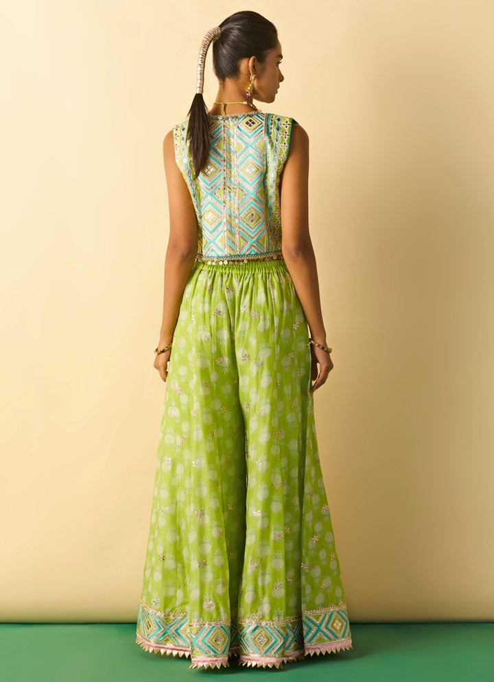 Lime Green Printed Cotton Silk Blouse Sharara Set With Jacket